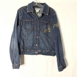 Lena Jeans Women's Floral Embroidered Dark Denim Jean Jacket Size Large GUC